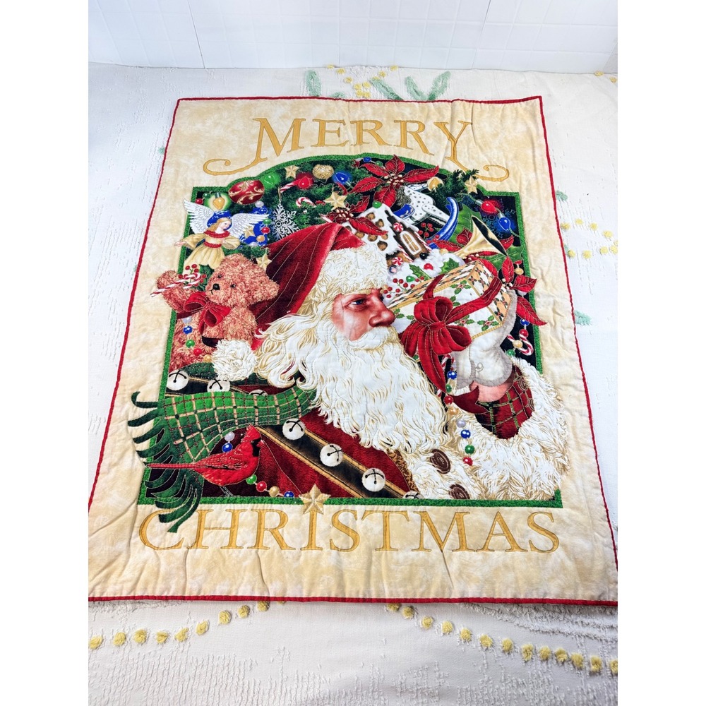 Handmade Quilted Merry Christmas Santa Wall Hanging Holiday Tapestry Decor 39x31